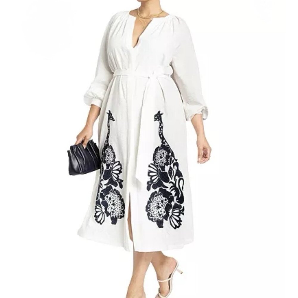 Eloquii Embroidered Giraffe Belted Button Front Midi Dress White Blue